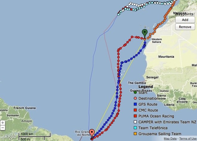 Route options for Groupama, at 0655hrs GMT on 11 November, with the options for Telefonica in the lighter track. Computer routing has always told Groupama to head west - always more extreme than this option. © PredictWind.com www.predictwind.com